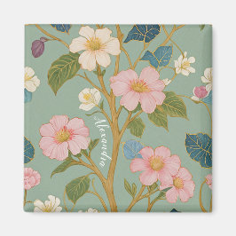 I Blommar: Pastel Gren med Rosa Flowers Magnet