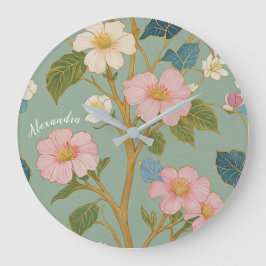 I Blommar: Pastel Gren med Rosa Flowers Stor Klocka