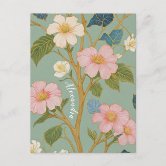 I Blommar: Pastel Gren med Rosa Flowers Vykort