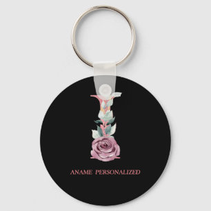 I Blommigt Monogram Namn Brev Rosa Agate Keychain Nyckelring