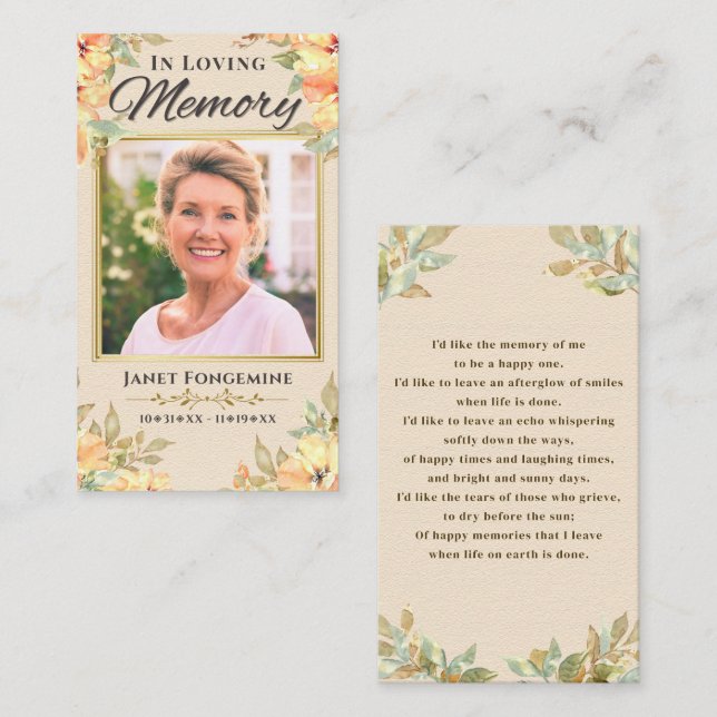 I Blommigten LovMemory Photo Funeral Prayer Card Visitkort (Fram/baksida)