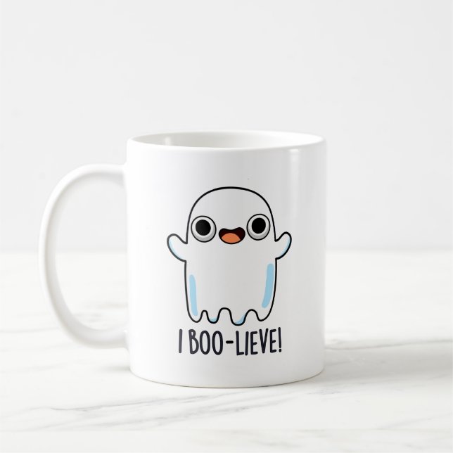 I Boo-lieve Funny Positive Ghost Pun Kaffemugg (Vänster)