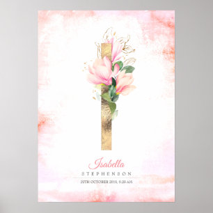 I Brev Monogram Guld Löv Rosa Magnolia Blommigt Poster