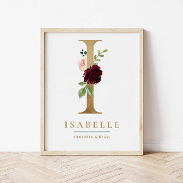 I Brev Monogram Namn Marsala Blommigt Nursery Poster