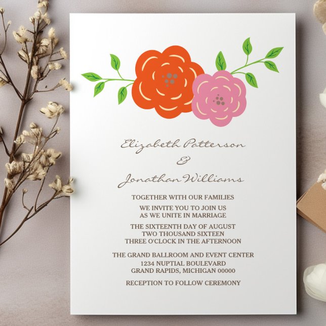 I Brölloksinbjudan för Rosa av bloom Orange  Blomm Inbjudningar (In Bloom Orange Pink Floral Wedding Invite)
