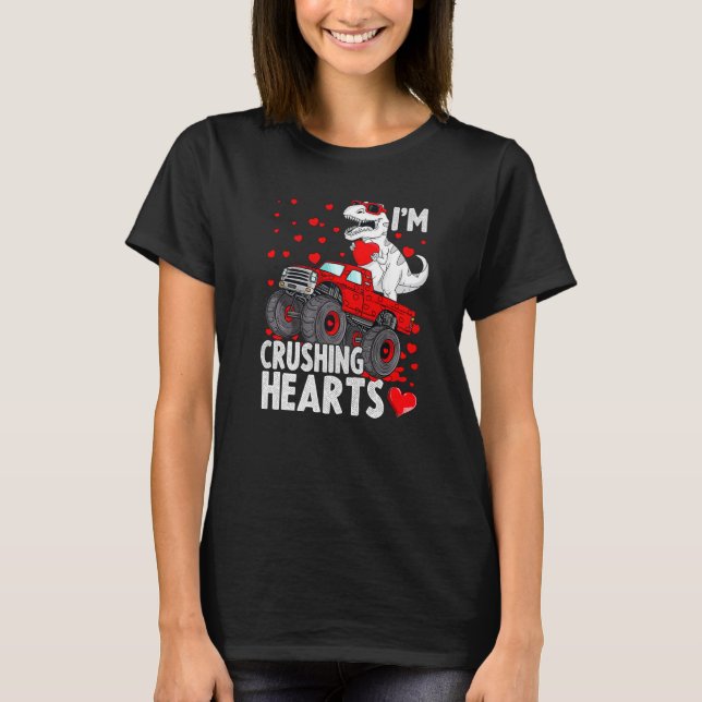 I Crush Hearts Trex Dino Monster Truck Boys Valent T Shirt (Framsida)
