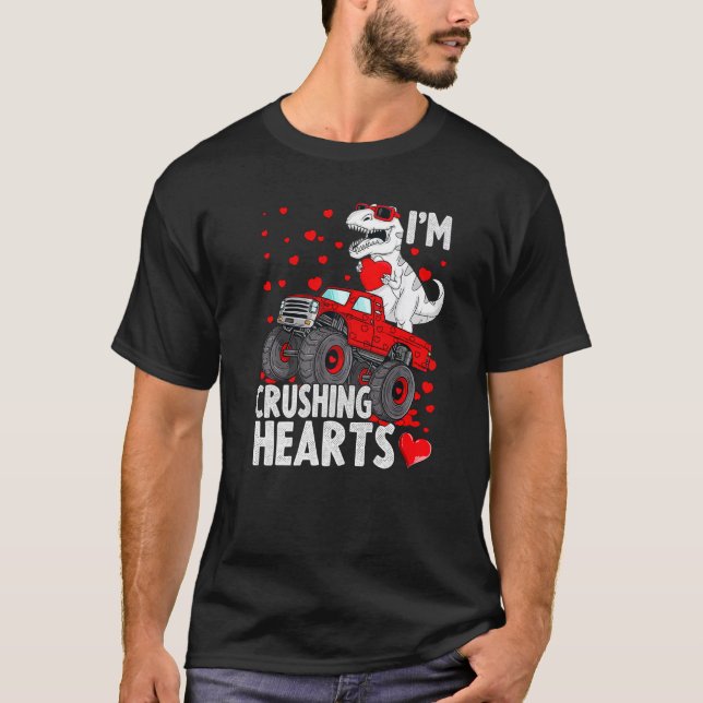 I Crush Hearts Trex Dino Monster Truck Boys Valent T Shirt (Framsida)