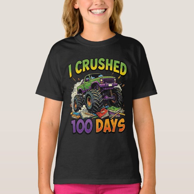 I Crushed 100 Days Monster Truck School Boy 1st T Shirt (Framsida)