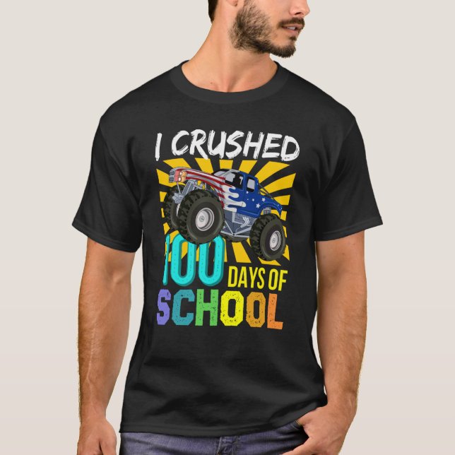 I Crushed 100 Days Of School Boys Monster Truck T Shirt (Framsida)