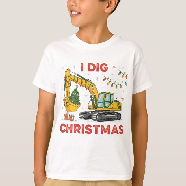 I Dig Christmas Cute Excavator Tree Lights Kids T Shirt (Framsida)