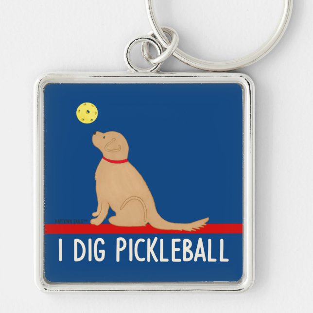 I Dig Pickleball Golden Retriever Keychain Fyrkantig Silverfärgad Nyckelring (Framsidan)