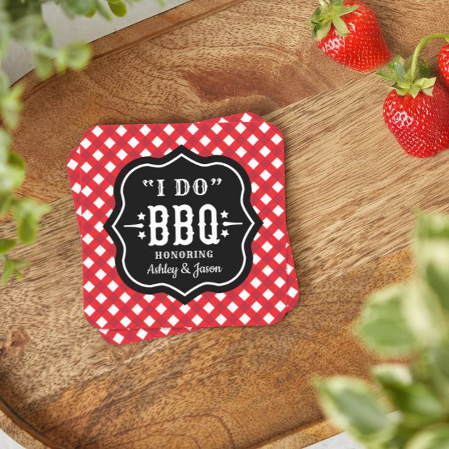 I Do BBQ Red Gingham Personligt bröllp Underlägg Papper Kvadrat (Skapare uppladdad)