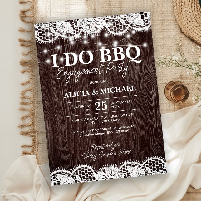 I DO BBQ rustic wood lace engagement party Inbjudningar (Skapare uppladdad)