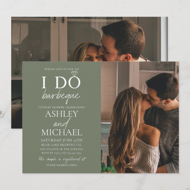 I Do BBQ Sage Grönt 2 - Enkel fotoskriptvisning Inbjudningar (Fram/baksida)