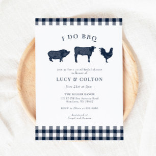I Do BBQ Vintage Navy Gingham Möhippa Inbjudningar