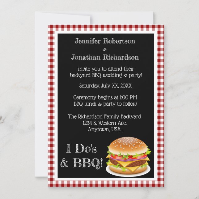 I Do och BBQ Red Gingham Hamburger Avslappnad Bröl Inbjudningar (Framsida)