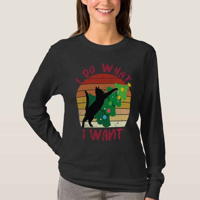 I Do What I Want Black Cat Christmas Tree Cat T Shirt (Framsida)