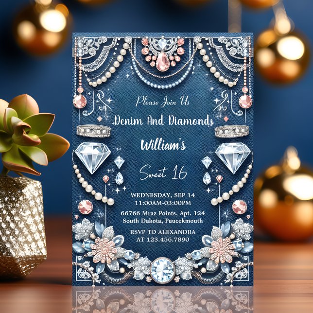 I Elegant Gem Bling Denim och Diamonds Sweet 16 Inbjudningar (Skapare uppladdad)