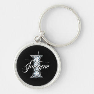 I Faux Diamond Bling Monogram Rund Silverfärgad Nyckelring