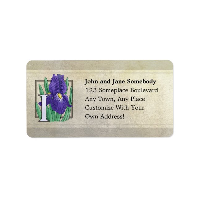 I för Iris Flower Monogram Adressetikett (Framsidan)