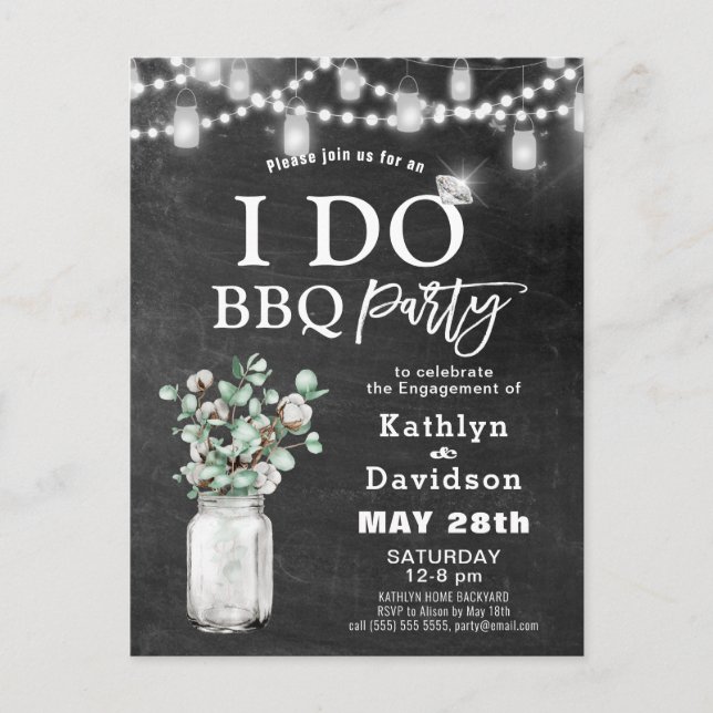 I Förlovning Eucalyptus Blommigt Chalkboard BBQ Inbjudan Vykort (Framsida)