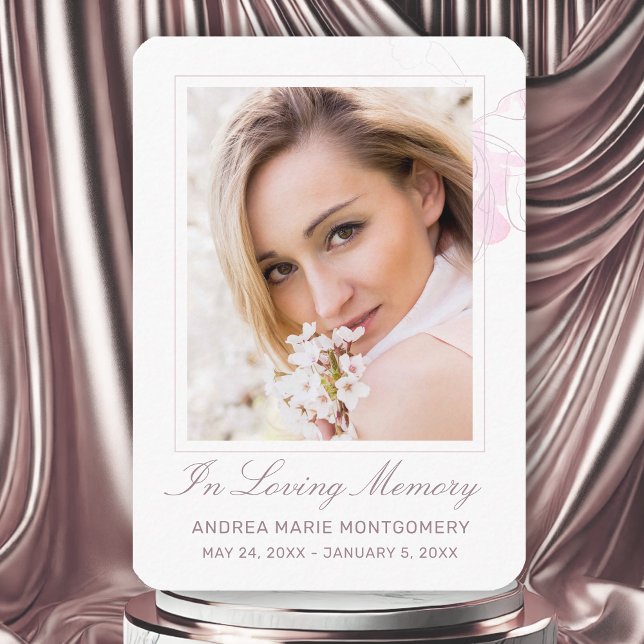 I foto för Loving Memory  Rosa Blommigt Visitkort (Modern Elegant Cherry Blossom Watercolor Photo Funeral Card for Women)