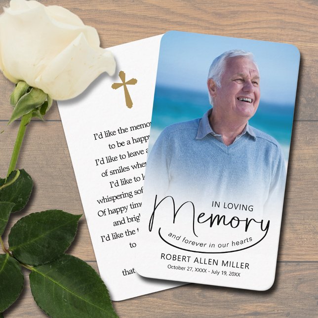 I fotobokmärkets parkeringskort för överklocknings visitkort (In Loving Memory photo bookmark prayer card with a cross and poem on the back)