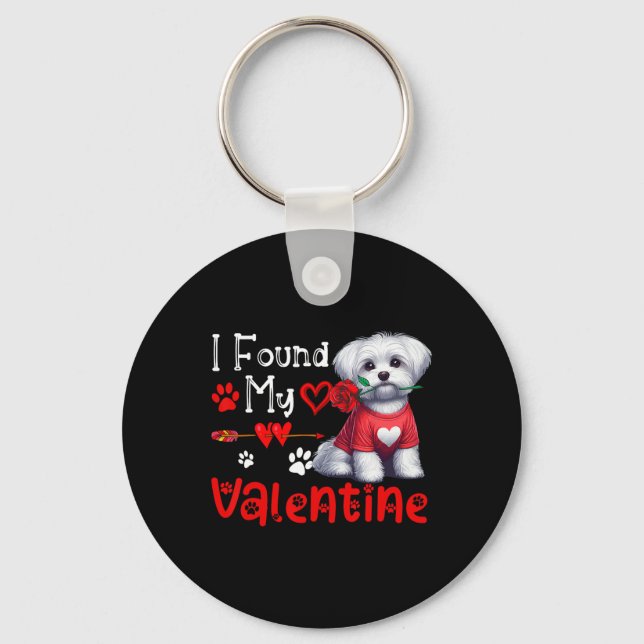 I Found My Valentine Maltese With Flower Cute Hear Nyckelring (Framsida)
