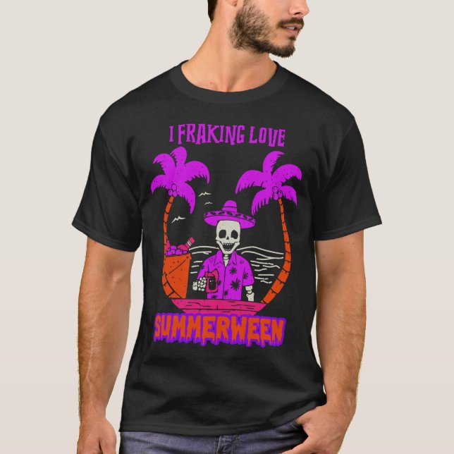 I Freaking Love Summerween Funny Skeleton Drinking T Shirt (Framsida)