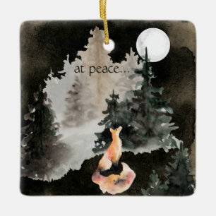 i fred ~ Fox och Full Moon Woodland Julgransprydnad Keramik