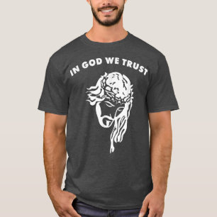 I Gud litar vi på konstnärlig design Jesus Ansikte T Shirt