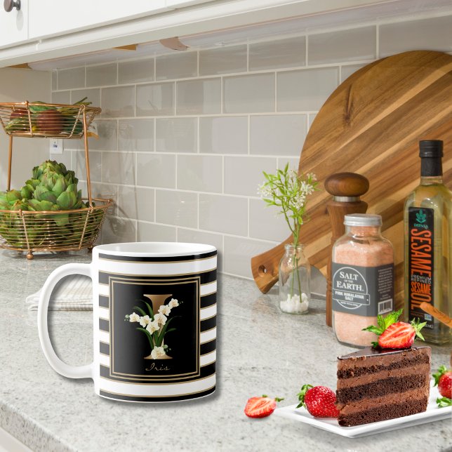 I Guld Blommigt Monogram | Svartvit Guld Rand Kaffemugg (Skapare uppladdad)