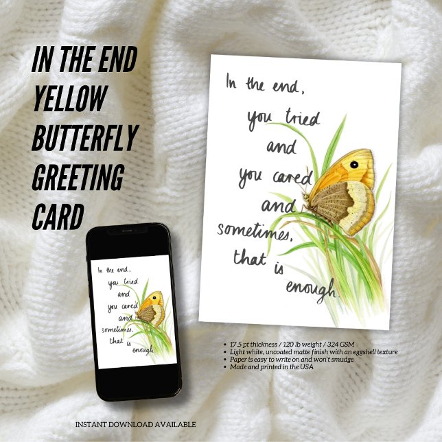 I Gulten finns ett Butterfly Greeting Card Kort (The Butterfly Studio
🌼In the end 🦋 Yellow Butterfly Greeting Card)