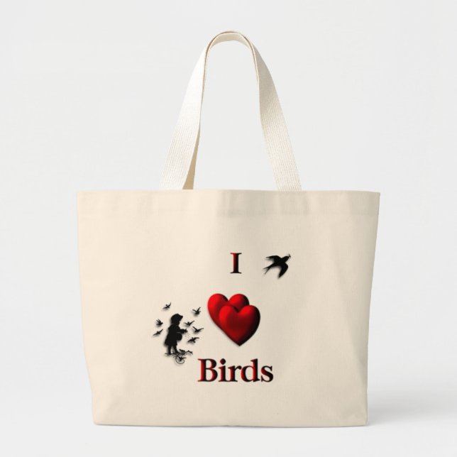 I Heart Birds Tote Bag Jumbo Tygkasse (Framsidan)