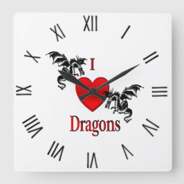I Heart Dragons Black Roman Numerals Fyrkantig Klocka
