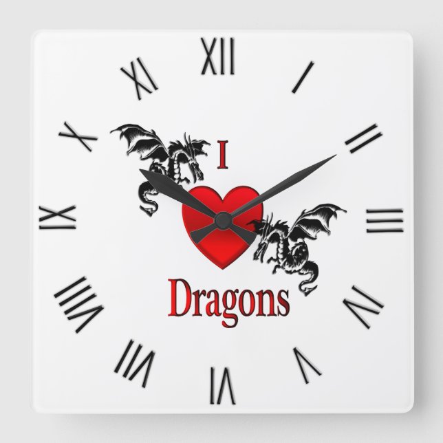 I Heart Dragons Black Roman Numerals Fyrkantig Klocka (Framsida)