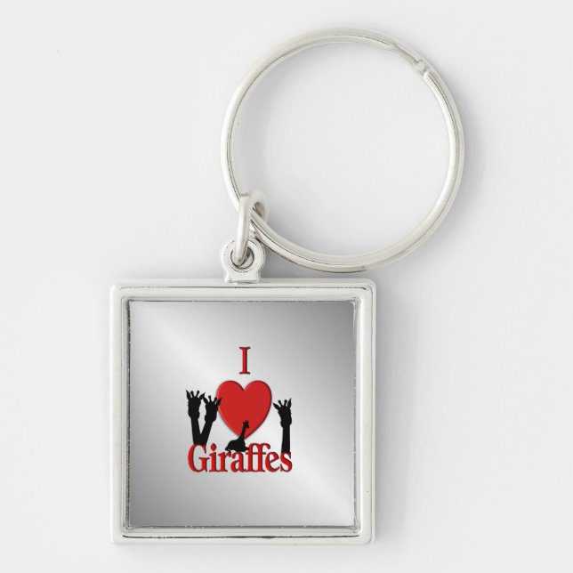 I Heart Giraffes Silver Fyrkantig Silverfärgad Nyckelring (Framsidan)