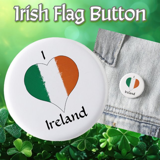 I Heart Ireland Tricolor Flagga Knapp (Irish Tricolor Flag in the Shape of a Heart 'I Heart Ireland')