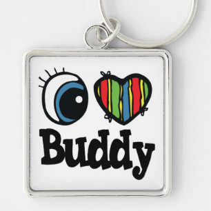 I Heart (Kärlek) Buddy Fyrkantig Silverfärgad Nyckelring