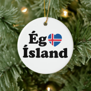 I Heart (Kärlek) Island [Ég Elska Ísland] isländsk Julgransprydnad Keramik