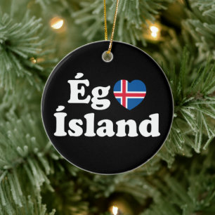 I Heart (Kärlek) Island [Ég Elska Ísland] isländsk Julgransprydnad Keramik