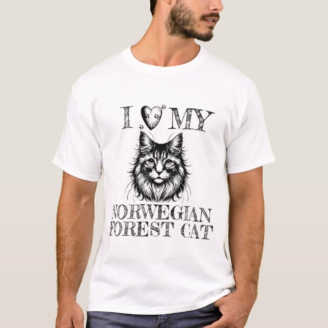 I Heart My Norwegian Forest Cat Pawprints Black T Shirt (Framsida)