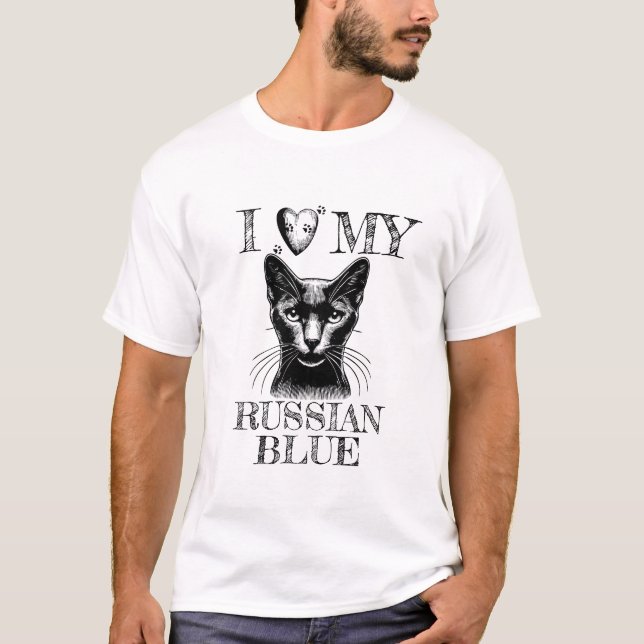 I Heart My Russian Blue, Cat Pawprints Black T Shirt (Framsida)
