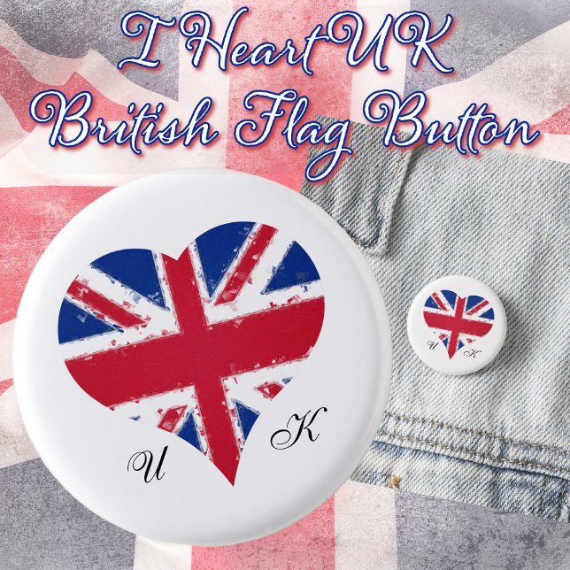 I Heart UK Underbar Britain British English Flagga Knapp (I Heart UK Great Britain British English Flag Button)