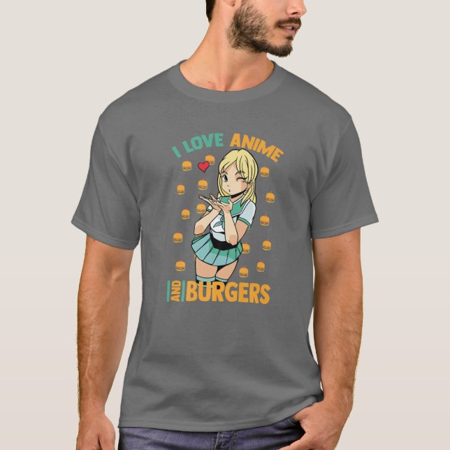 I Kärlek Anime and Burgers - Cute Kawaii - Manga O T Shirt (Framsida)