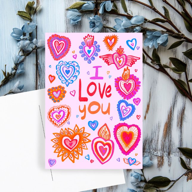 I KÄRLEK ÄR DU Alla hjärtans färgstarka, vita hjär Vykort (I LOVE YOU Valentine Colorful Whimsical HEARTS Postcard
)