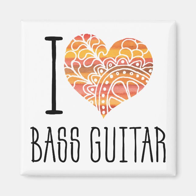 I Kärlek Bass Guitar Orange Mandala Heart Magnet (Framsidan)