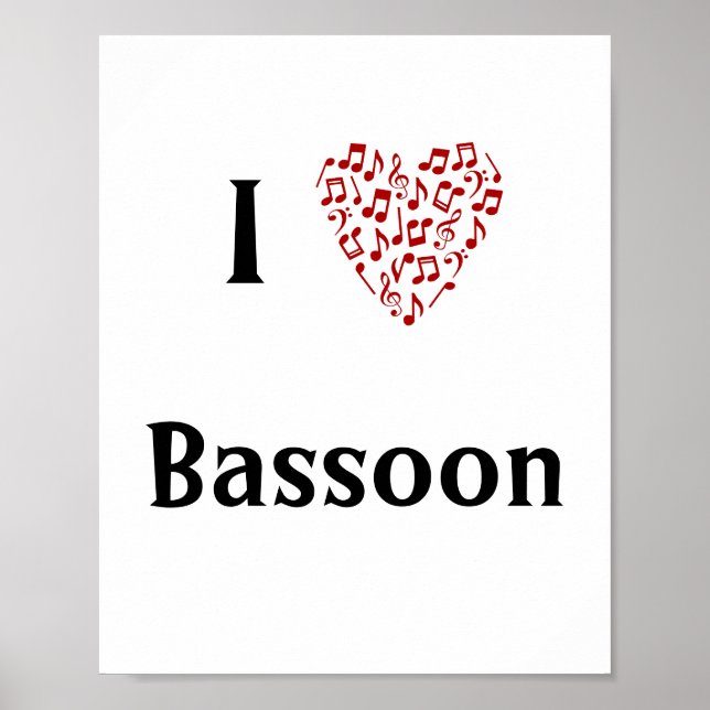 I Kärlek Bassoon Red Heart of Musik noter Poster (Framsidan)