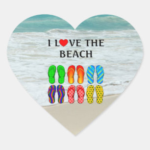 I Kärlek, Beach, flip-flops, Hjärtformat Klistermärke