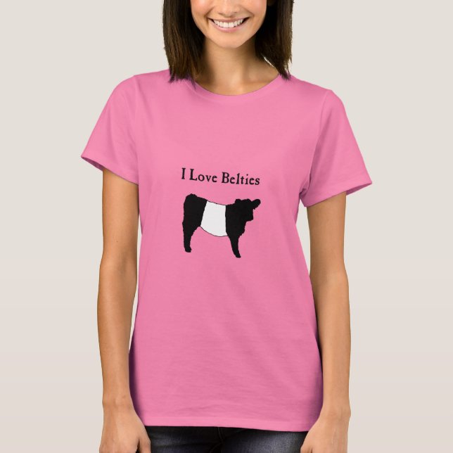 I Kärlek Belties - Black White Belted Galloway Cow T Shirt (Framsida)